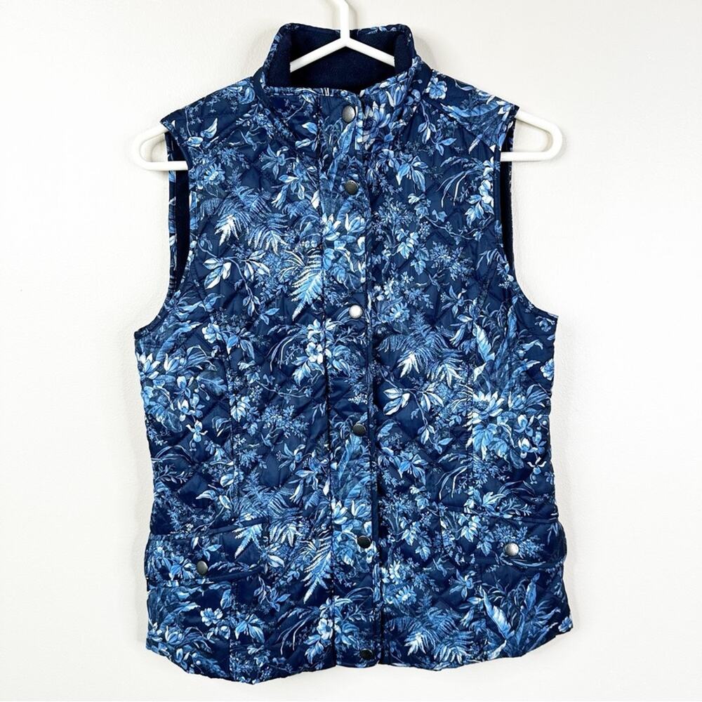 NEW Talbots Vest Womens XS Blue Floral Quilted Sleeveless Full Zip Jacket
